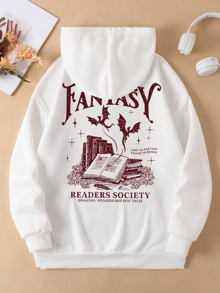 Women's Cozy Fantasy-Themed Hoodie With Book And Bat Design | Casual Long-Sleeve, Pocket Thermal Lined Pullover | "Fantasy Readers Association" Graphic | Perfect For Fall/Winter, Women's Top,|Going Out Tops Women,Going Out Outfits,Teacher Outfits For Women,Back To School,School Clothes,Back To School Clothes,Halloween Clothes - White - View 1