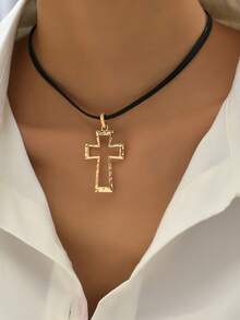 1pc Fashionable Minimalist Cross PU Necklace, Versatile Jewelry For Women - Golden Yellow+Black - View 5