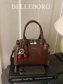 Vintage Minimalist Zipper Decor Commuter Handbag With Pendant - Coffee - View 8