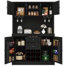 Kitchen Cabinet With Adjustable Shelves & Wine Rack, Tall Kitchen Buffet With 4 Doors & 2 Drawers, Sideboard For Kitchen & Living Room, Buffet Cabinet, White - 黑色 - 查看 7