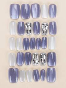 30 Pieces Press On Nails Square/Blue And White Color Blocked Nail Plate With Crystal Glitter Decoration For Short Nail Art To Enhance Your Temperament/Comes With Jelly Glue And Rubbing Strips Suitable For Aggregation, Reusable For Daily Use
