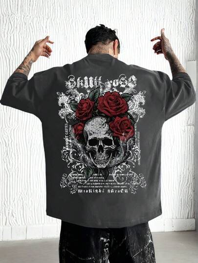 ONE WAVE Men's Casual Versatile Simple Rebellious Cool Gothic Style Rose & Floral Font Skull Print Short Sleeve T-Shirt