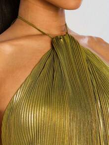 Magic Mia Metallic Pleated Maxi Gown -Glitter Green Halter Neck Slit Maxi Dress, Elegant Evening Dress For Galas & Holiday Parties & Fomal Evening - 綠色 - 查看 5
