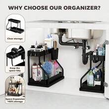 2 Pack Under Sink Organizers Black/White, 2-Tier Large Capacity Pull Out Kitchen & Bathroom Under Sink Drawer Organizer - Space-Saving, Durable Black Storage Solution