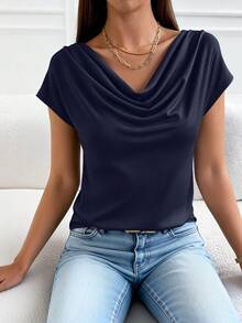 PRETTYGARDEN Women's Summer Clothes Tops Dressy Casual Clothing Cowl Neck Short Sleeve Blouses Business Work Office Shirts  Tops For Women - 海軍藍色 - 查看 2