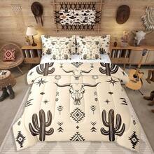 Erosebridal [Retro Bohemian Comforter] Bull Skull Sheet Sets 7 Piece, Western Cowboy Comforter Set Vintage Southwestern Bedding Set Bohemian Geometric Cactus Bed In A Bag Exotic For Bedroom Decor, Khaki For Valentine's Day Gift, Birthday Present, Housewarming - 卡其色 - 查看 1