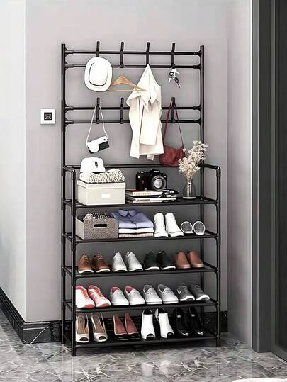 1 peça de 5 camadas, 80 cm (C) x 29,5 cm (L) x 172 cm (A), sapateira, organizador multifuncional para sapatos e cabides, economizador de espaço, fácil montagem, estrutura de metal preta