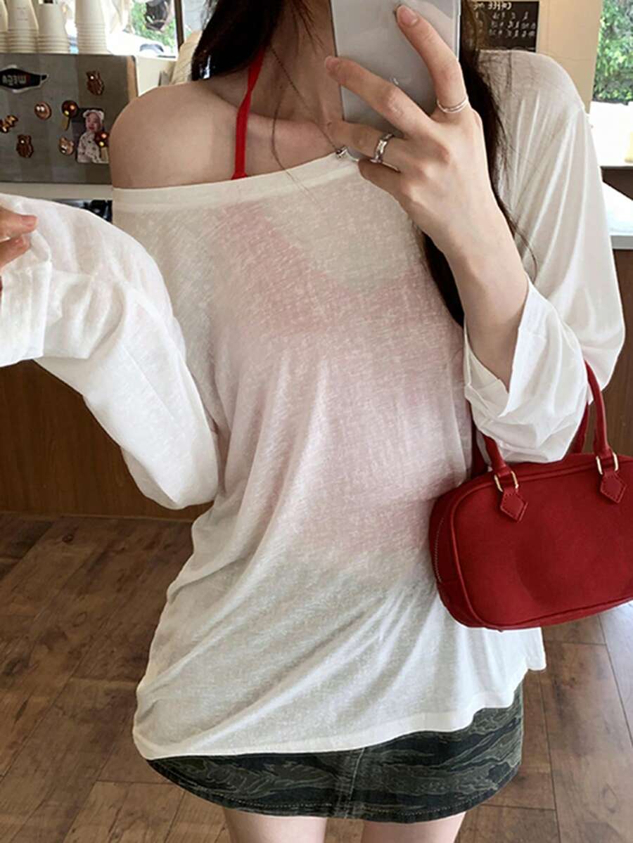 Sheer, Relaxed Fit Slim Fit Long Sleeve T-Shirt For Women, Lightweight, Sun Protection, Air Conditioning Cover - White - View 1