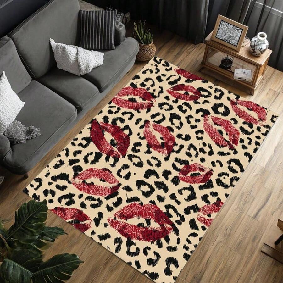 1pc Leopard Print Rug, Red Lips Rug, Pop Art Rug, Bold Statement Area Rug, Funky Living Room Decor, Animal Print Rug, Glamorous Home Rug, 84*60inch,Perfect Choice For Christmas ,Stylish And High-Quality Rugs, Perfect For Christmas Decorations And GiftsHome Decor, The Best Choice For Gothic-Style Birthday Gifts - Multicolor - View 1