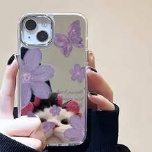 Estuche para teléfono con espejo con patrón de flores y mariposas de color morado oscuro compatible con  17,  16 Pro Max,  15 Pro Max,  13 y  12 hecho de TPU duradero que brinda protección contra golpes y caídas, un regalo perfecto para sus seres queridos adecuado para ocasiones especiales como cumpleaños, Navidad o simplemente porque sí - Plateado - Ver 3