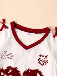 [Back To School 2-Piece Set] Tween Girls' Soccer Outfit, Big Kids' Sweet & Cool Sports Style, Colorblock Design, Summer, Collegiate Look Set: White V-Neck Colorblock Burgundy Numeric Print T-Shirt + 3D Bow Decor + "Ballet Football" Letter + Burgundy Pleated A-Line Mini Skirt, Comfortable Breathable Fabric For School, Sports, Casual Outings - Burgundy - View 6