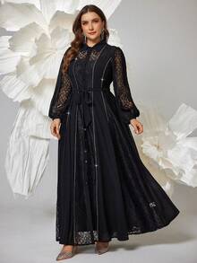 Plus Size Black Arabian Dress With Contrast Lace Bishop Sleeves And Tie-Up Flared Hem - Black - View 1