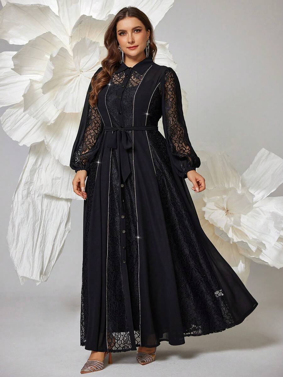 Plus Size Black Arabian Dress With Contrast Lace Bishop Sleeves And Tie-Up Flared Hem - Black - View 1