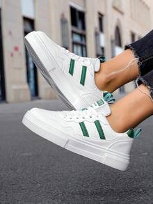 New Spring Versatile White Casual Sneakers For Men, Breathable Lightweight Non-Slip Athletic Shoes - White and green - View 5