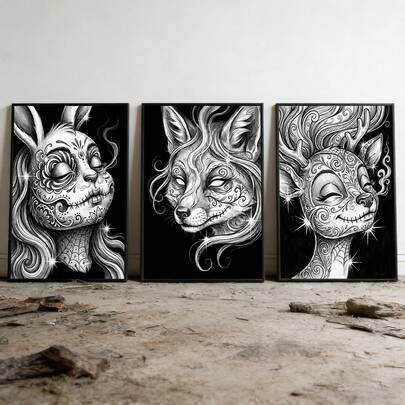 A Life Celebration In Sugar Skull Style. 3 PiecesArt Of Rabbit, Fox & Deer – A Vibrant, Dark Remix Of Nature. For The Bold & Spiritually Inclined.