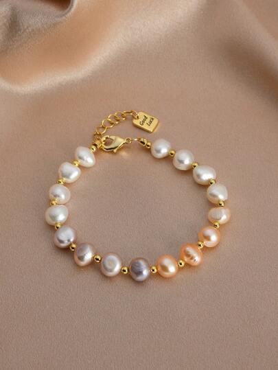 1条18K镀金不规则天然珍珠手链，女士款，适合日常佩戴，母亲节、情人节、婚礼、新娘礼物