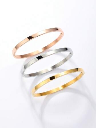 Set de 3 piezas de pulseras brazaletes minimalistas clásicas de acero inoxidable liso para mujeres, accesorios casuales diarios