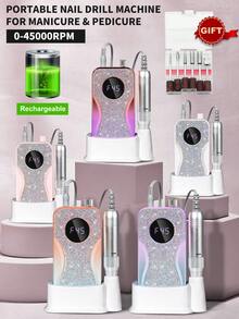 Rechargeable Nail Grinder With Diamond Encrusted Electric Nail File, Suitable For Removing Gel & Acrylic Nails, Polishing And Shaping, For Home And Salon Use, Available In Mermaid Scale Purple Blue Ombre, Twilight Orange Purple Ombre, Sunset Orange Blue Ombre, Pearl White, Coral Pink - 彩色 - 查看 1