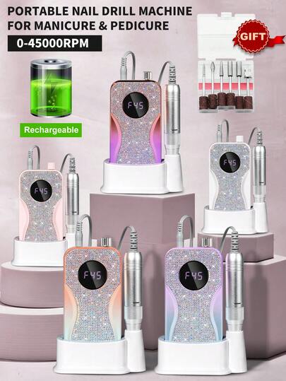 LIMEGIRL Limador de uñas recargable con lima de uñas eléctrica incrustada de diamantes, apto para eliminar uñas de gel y acrílicas, pulir y dar forma, para uso doméstico y salón, disponible en degradado de escamas de sirena morado azul, degradado de naranja púrpura crepúsculo, degradado de naranja azul atardecer, blanco perla, rosa coral