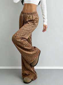 Pantalones anchos con estampado de leopardo para mujer, cintura alta elástica, estilo Y2k, holgados - Marrón - Ver 2