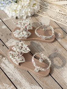 1 Pair Girls' Bow Decor, Floral Chiffon Elastic Band Design Sandals, Soft & Comfortable, Suitable For Mother-Daughter Matching, Lightweight Bohemian Style, Fit For 3-15 Years Old, Summer Party, Beach - Green - View 5