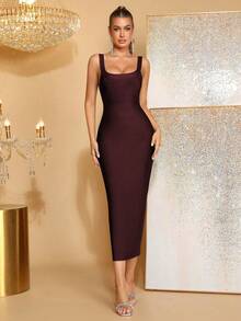 新款性感女士纯色中长款绷带连衣裙，时尚女士粗肩带无袖紧身露背镂空设计连衣裙，适合婚礼、派对、活动等正式场合穿着。 - 咖啡棕 - 查看 1