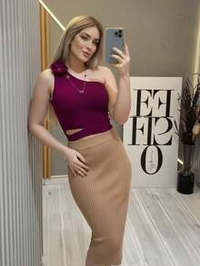 Saia Midi Canelada Tricô Fenda Lateral Blogueirinha Moda Verão Tricot - Pink - Visão 6