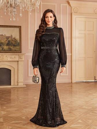 Luxurious Long Black Sequin Dress With High Neck And Sheer Long Sleeves Beaded Arabian Style For Special Occasions