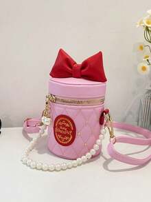 1 pièce Sac à main cylindrique de style princesse avec nœud papillon, design de niche incrusté de diamants et de perles françaises. Sangle d'épaule longue et lisse, confortable. Sac polyvalent de style coréen, convenant pour une utilisation extérieure et quotidienne, idéal comme cadeau pour la famille et les amis. - Sac seau doux - Voir 14