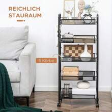 HOMCOM Rolling Service Trolley With 4 Shelves And 5 Storage Baskets, Equipped With A Handle, For The Kitchen And Living Room, In Black Steel. - Black - View 4