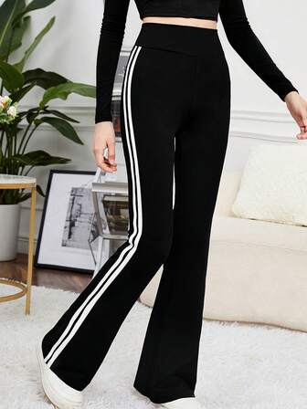 Girls' High Waist Flare Leg Elastic Fitted Sports Pants With Double Stripes, Fitness Running Leggings, Casual Trousers For Older Young Girl, Yoga Pants