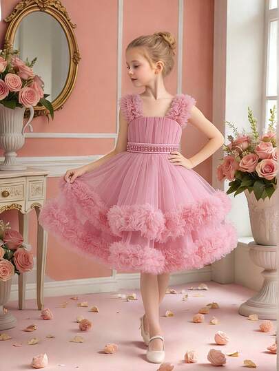 Young Girls' Thick Strap Pleated Mesh Elegant Birthday Party Dress, Suitable For Flower Girl, Wedding, Graduation, Prom, Without Headband
