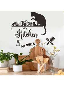 1pc Cartoon Kitchen My Rulles Decorative Sticker PVC Sticker Removable Self-Adhesive Easy-Tear Sticker Home Decor To Brighten Up Your Life Holiday Decorations Birthday Graduation Gift - Black - View 3