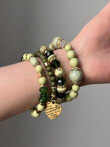 4 exquisitos y modernos colgantes de aleación con cuentas en color verde oliva. Este conjunto de pulseras de cuentas para mujer es ideal para uso diario, eventos informales, banquetes y fiestas. - Verde - Ver 2