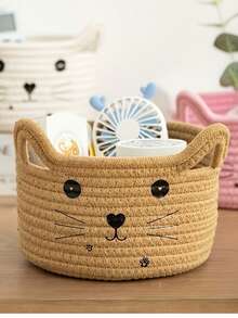1pc White/Green/Yellow/Brown/Blue/Pink Cat Face Woven Storage Basket (21cm/8.27in*12cm/4.72in) - Adorable Cat Ear Shaped Desktop Organizer Basket, Suitable For Storing Small Accessories/Stationery/Cosmetics, Ideal For Bedroom/Dorm/Office Desk, Decorative And Space-Saving. - Multicolor - View 13