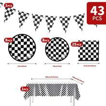 一套黑白格纹一次性餐盘、餐巾纸、桌布和横幅，派对用品套装，可供8位客人使用，适用于生日、婚礼、主题派对、家庭野餐等场合。