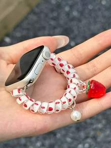 1条INS风可爱波点弹力发圈表带，配草莓珍珠吊坠，适用于 38/40/41/42/44/45/46/49mm Ultra/SE/11/10/9/8/7/6/5/4/3/2/1，创意透气女士表带配件