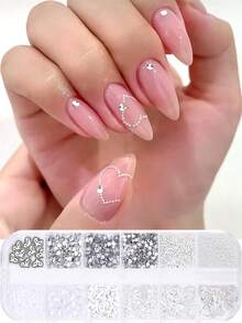 Bộ 12 món trang trí móng tay màu bạc, chủ đề Ngày Valentine, hình trái tim rỗng đính kim sa, đá rhinestone, ngọc trai, bi thép nhỏ, bộ trang trí móng tay tự làm, thiết kế móng tay, trang sức móng tay, đá quý móng tay. - Nhiều màu - Xem 3