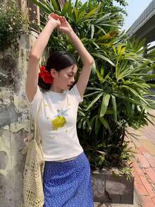 夏季性感修身短袖T恤，苹果星星印花，适合运动、度假和约会等休闲场合，白色 - 白色 - 查看 4