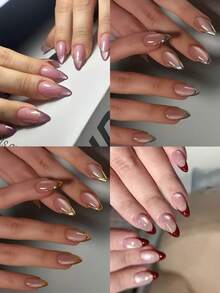 96 piezas (4 estilos surtidos) Pegatinas de uñas de gel 3D en forma de almendra hechas a mano, pueden crear uñas francesas de ojo de gato en dorado, plateado y rojo, tiras de uñas francesas plateadas, la forma de almendra se ajusta perfectamente, kit de uñas postizas acrílicas que incluye: 1 gel de gelatina y 1 lima de uñas, uñas de ojo de gato y uñas francesas en forma de almendra, adecuado para el trabajo diario, festivales y fiestas de las mujeres, suministros de uñas - Ver 3