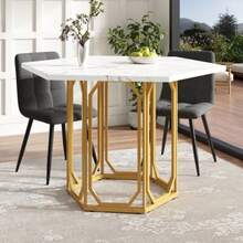 Dining Table Set (5-Piece), Hexagonal Dining Table, Dining Table 110 X 95 X 76 Cm (Incl. 4 Chairs), Polygonal Coffee Table For 4 People, Linen Bench (Incl. Dining Table With Marble Top), Grey Chairs - Gold,Gray - View 5