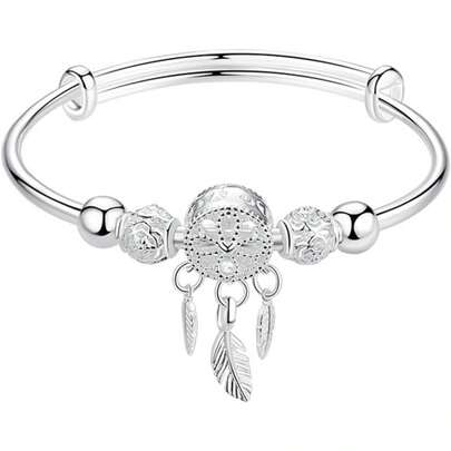 Pulsera Expandible de Alambre Ajustable Dije Atrapasueños Plateado Brazalete Hueco Diseño de Plumas y Borlas Accesorio Punk para Estudiantes y Uso Diario