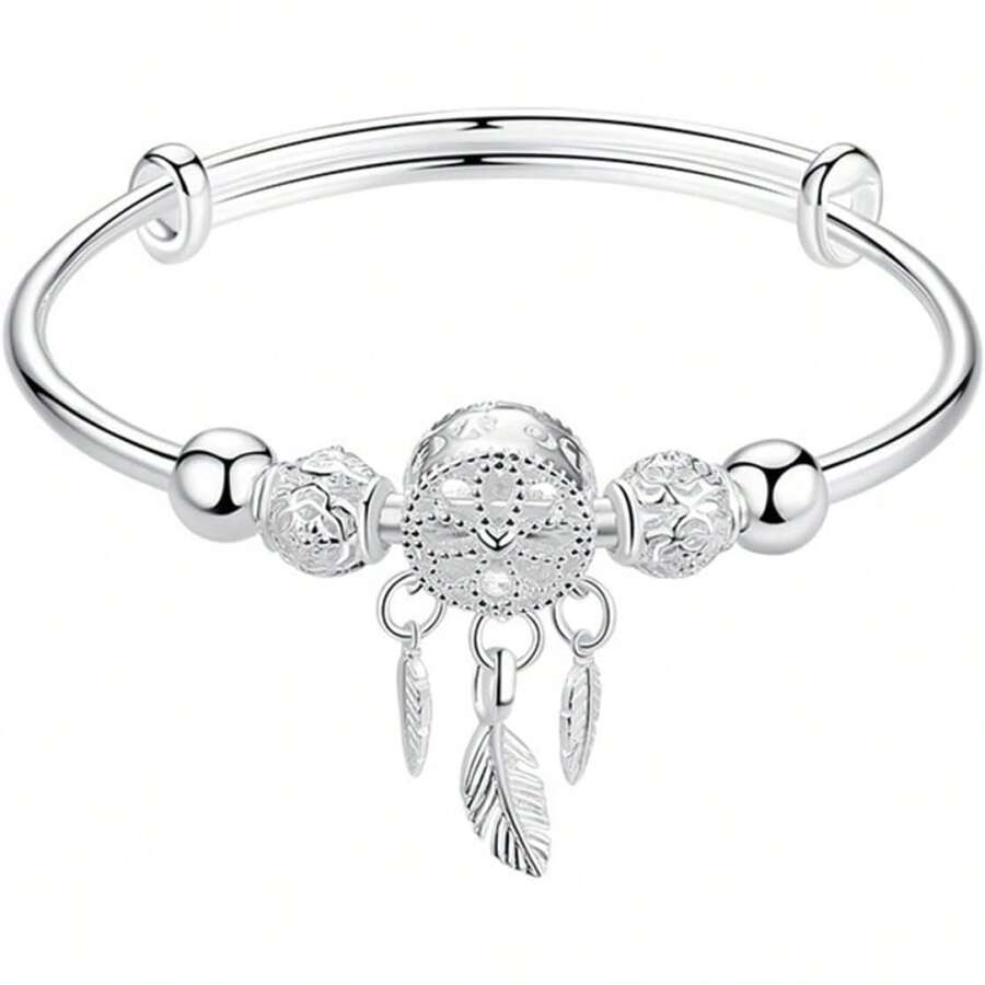 Pulsera Expandible de Alambre Ajustable Dije Atrapasueños Plateado Brazalete Hueco Diseño de Plumas y Borlas Accesorio Punk para Estudiantes y Uso Diario - 1 - Ver 1