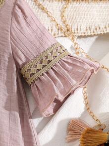Spring/Summer Girls' Dress, Simple & Comfortable, Collar & Cuffs Decorated With Exquisite Golden Embroidered Floral Lace, Elegant A-Line Silhouette, Suitable For Vacation & Outdoor Activities - Dusty Pink - View 5