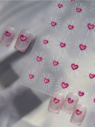 1pc Y2K Pink Heart Nail Stickers, 5D Glitter Starry Sunshine Nail Art Stickers, DIY Nail Decor For Valentine's Day