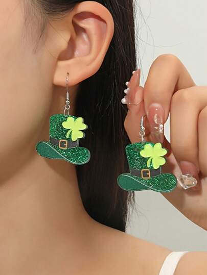 1 Pair St. Patrick's Day Earrings, Versatile Green Acrylic Glitter Clover Shamrock Earrings, Carnival Limited Edition