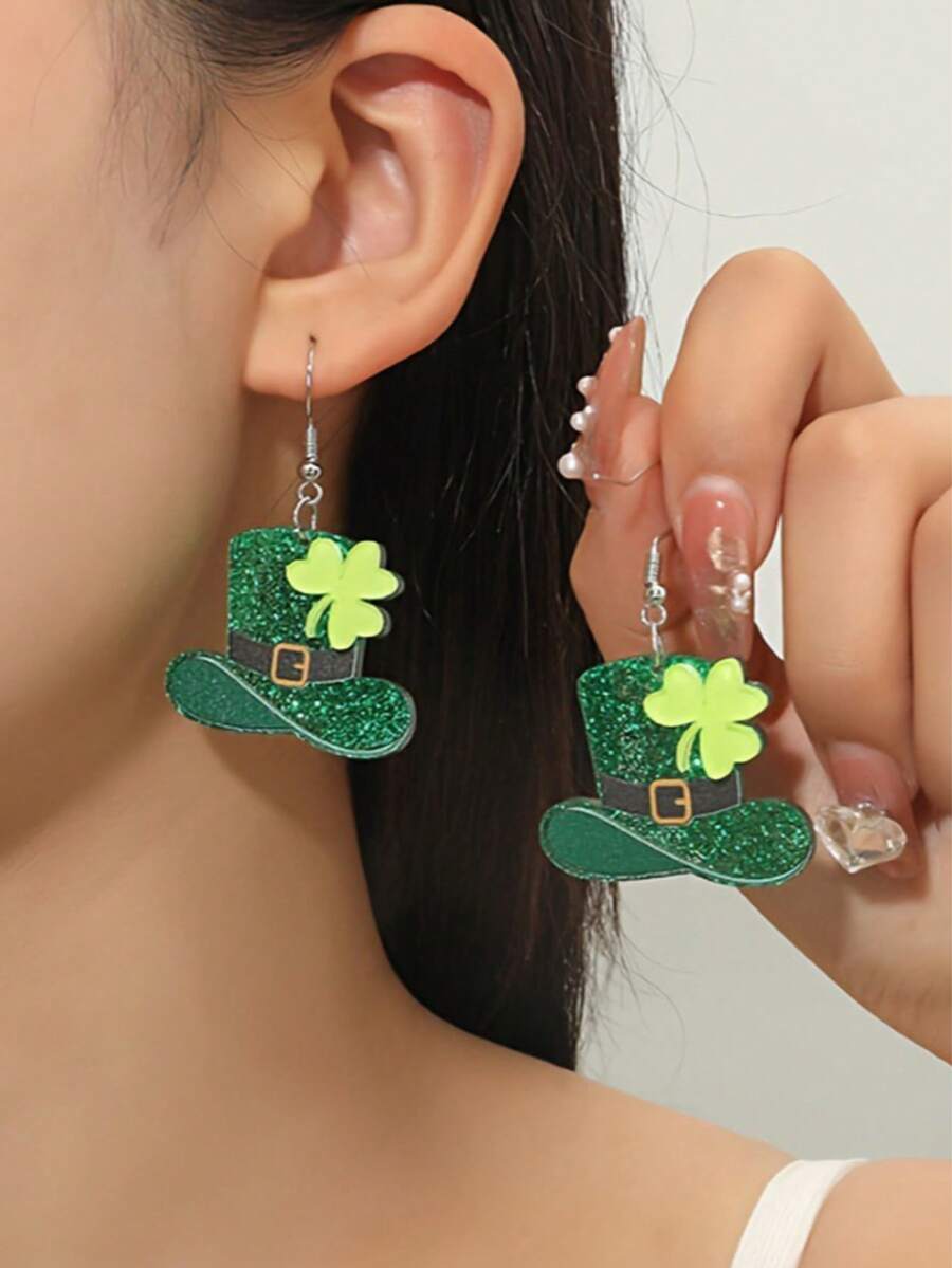 1 par de pendientes del Día de San Patricio, pendientes versátiles de trébol de hoja de acebo con brillo acrílico verde, edición limitada de carnaval - Multicolor - Ver 1
