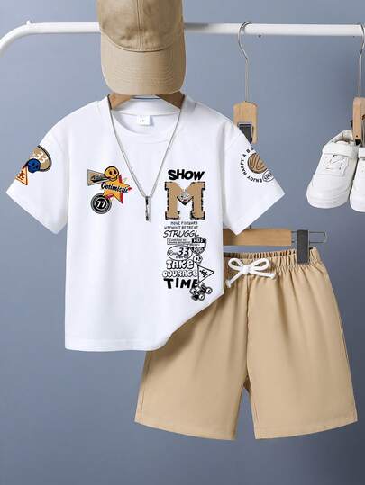 Toddler Cartoon Print Short Sleeve T-Shirt And Shorts Summer Outfit