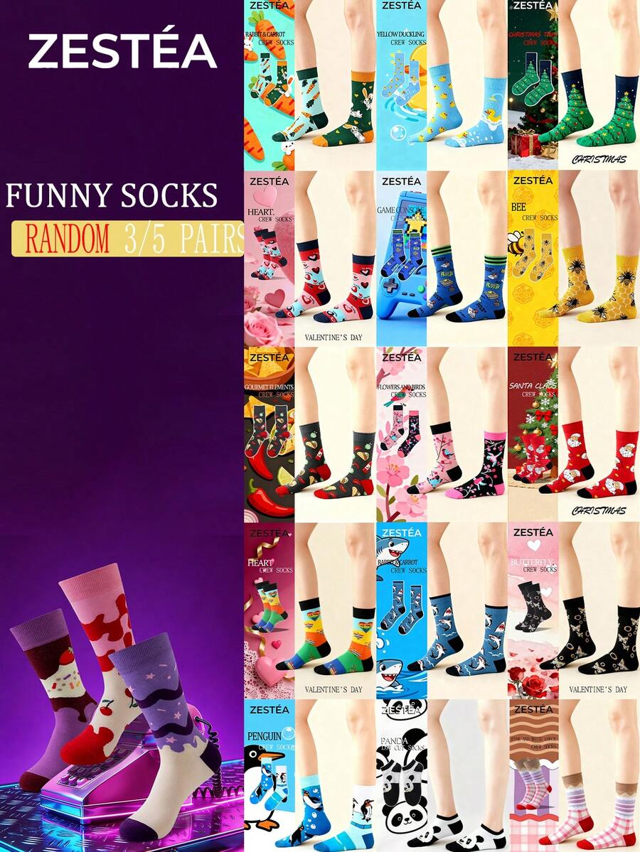 3/5双装女士卡通印花中筒袜，多种主题可选（动物、食物、几何、太空、圣诞），吸湿排汗，防臭，柔软舒适，新颖有趣，时尚过膝袜。这款趣味十足的袜子是送给妈妈、女儿、奶奶、妻子的生日、万圣节、圣诞节以及日常穿着的理想礼物。也是送给女性的最佳趣味时尚主题礼物，适合所有季节。 - 彩色 - 查看 1