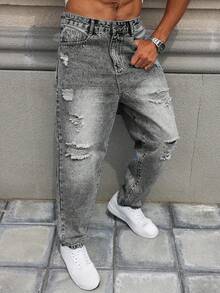 Jeans rectos con efecto desgastado para hombre - Gris Oscuro - Ver 6